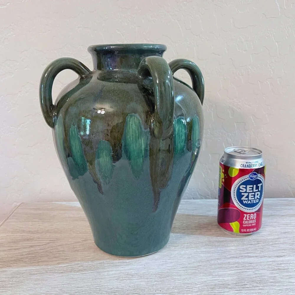 Vase Four Handled Art Pottery Blue Green Unique Heavy
